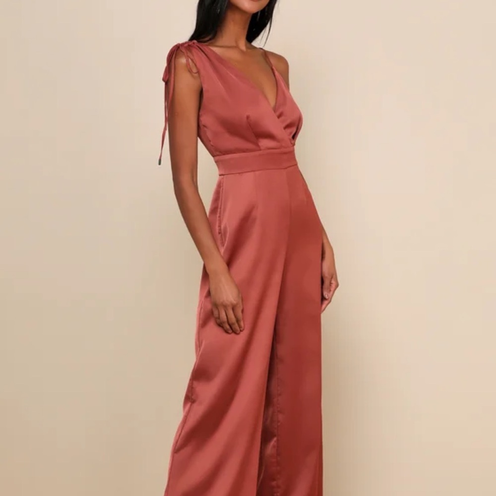 LULUS Rusty Rose Satin Asymmetrical Wide Leg Jumpsuit Size XS